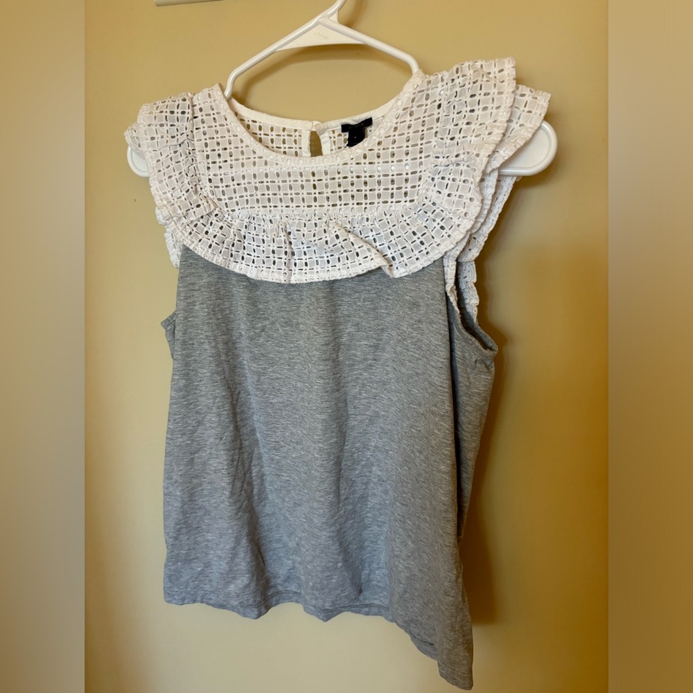 Cute J. Crew grey tank with white eyelet collar